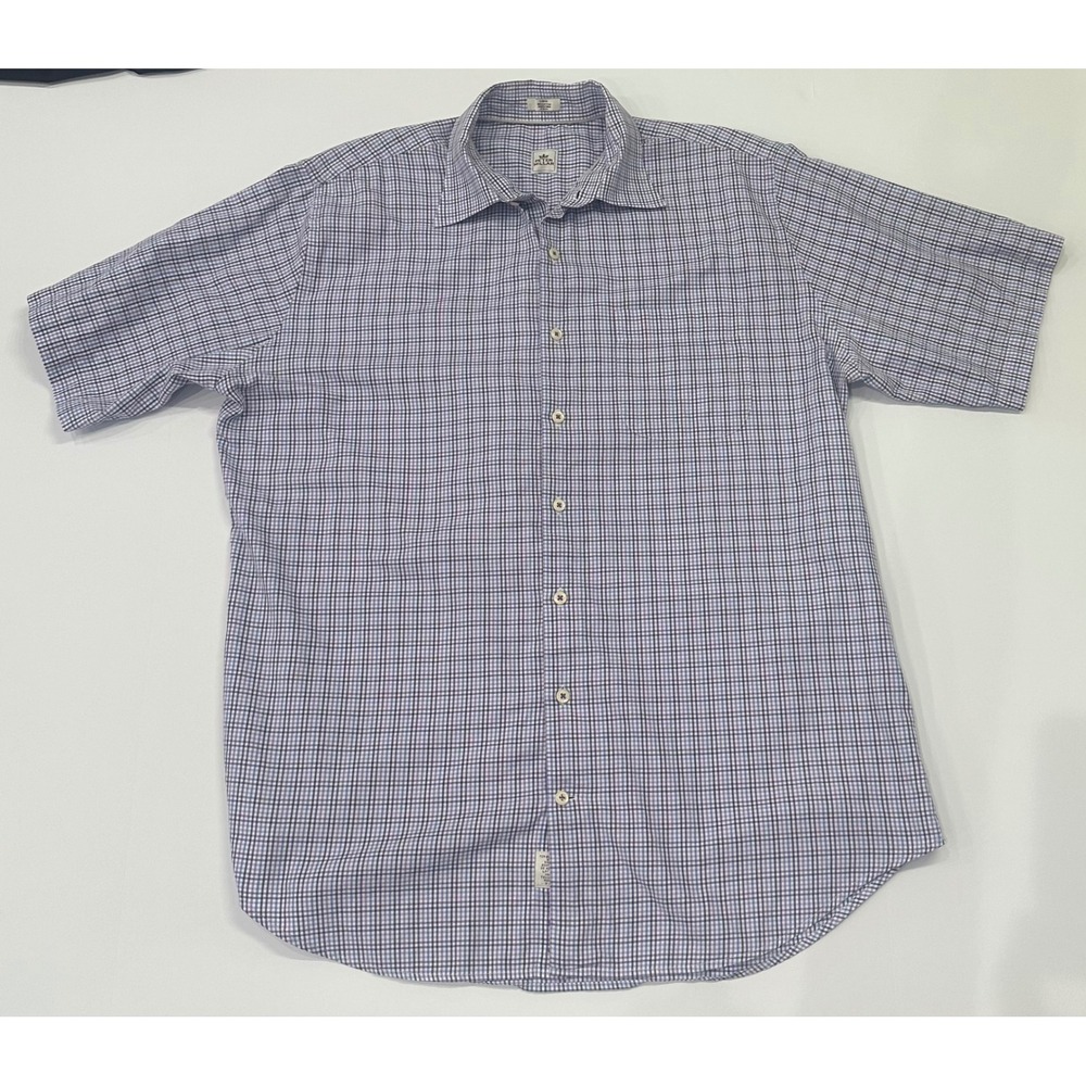 Peter Millar Mens Large Blue Purple Plaid Cotton Short Sleeve Button Down Shirt